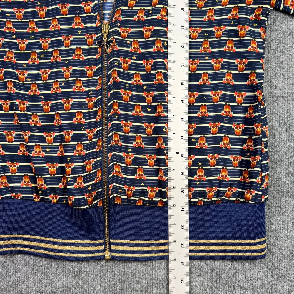 Farm Rio Bomber Jacket Womens Medium Navy Blue Owl Print Metallic RARE Zip Up - Picture 7 of 9